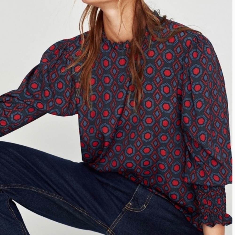 Zara | Geo Mock Neck Cinched Elastic Wrists Long Sleeve Charmeuse Blouse